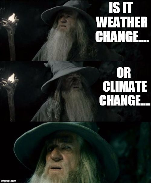 Confused Gandalf | IS IT WEATHER CHANGE.... OR CLIMATE CHANGE.... | image tagged in confused gandalf | made w/ Imgflip meme maker