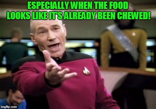 Picard Wtf Meme | ESPECIALLY WHEN THE FOOD LOOKS LIKE IT'S ALREADY BEEN CHEWED! | image tagged in memes,picard wtf | made w/ Imgflip meme maker