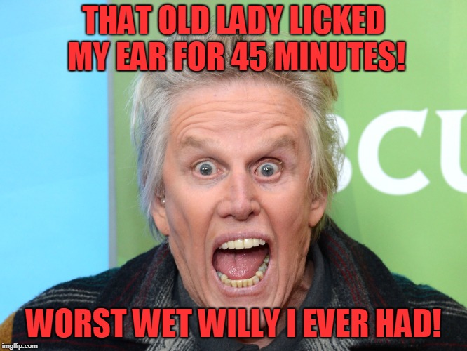 crazy gary busey | THAT OLD LADY LICKED MY EAR FOR 45 MINUTES! WORST WET WILLY I EVER HAD! | image tagged in crazy gary busey | made w/ Imgflip meme maker