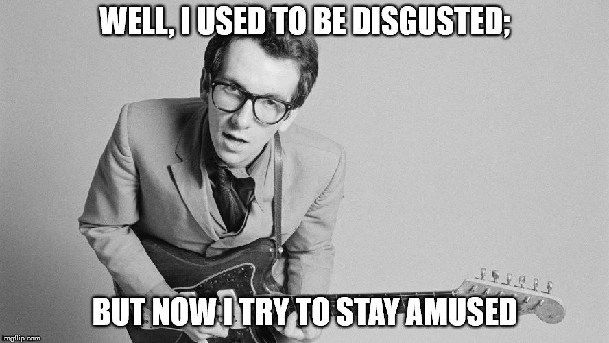 Elvis Costello | WELL, I USED TO BE DISGUSTED;; BUT NOW I TRY TO STAY AMUSED | image tagged in elvis costello | made w/ Imgflip meme maker