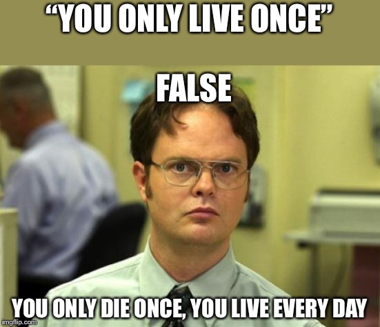 You only live once? | “YOU ONLY LIVE ONCE”; FALSE; YOU ONLY DIE ONCE, YOU LIVE EVERY DAY | image tagged in memes,dwight schrute,life lessons | made w/ Imgflip meme maker