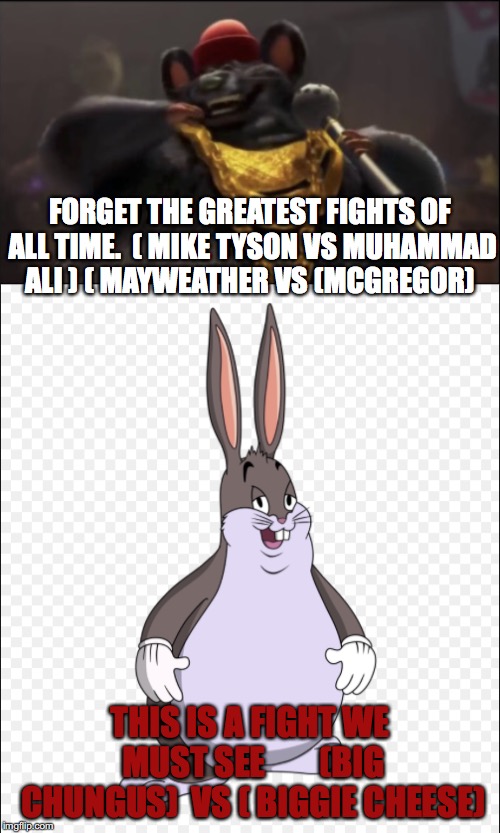 greatest fight of all time  | FORGET THE GREATEST FIGHTS OF ALL TIME.  ( MIKE TYSON VS MUHAMMAD ALI ) ( MAYWEATHER VS (MCGREGOR); THIS IS A FIGHT WE MUST SEE        (BIG CHUNGUS)  VS ( BIGGIE CHEESE) | image tagged in funny | made w/ Imgflip meme maker