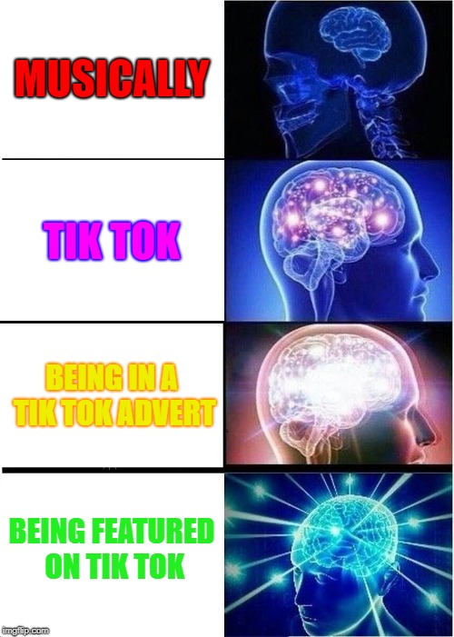 Expanding Brain | MUSICALLY; TIK TOK; BEING IN A TIK TOK ADVERT; BEING FEATURED ON TIK TOK | image tagged in memes,expanding brain | made w/ Imgflip meme maker