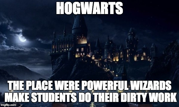 Hogwarts | HOGWARTS; THE PLACE WERE POWERFUL WIZARDS MAKE STUDENTS DO THEIR DIRTY WORK | image tagged in hogwarts | made w/ Imgflip meme maker