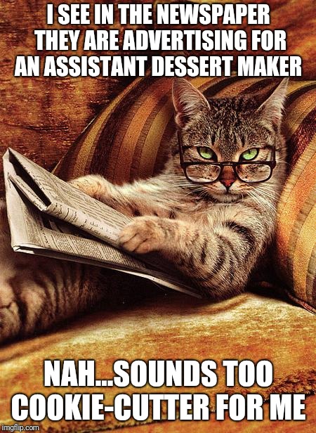 There's also an ad for a birthday party advisor... piece of cake! | I SEE IN THE NEWSPAPER THEY ARE ADVERTISING FOR AN ASSISTANT DESSERT MAKER; NAH...SOUNDS TOO COOKIE-CUTTER FOR ME | image tagged in cat reading,unfortunate cookie,business cat,stairway to heaven,cute kitty,job interview | made w/ Imgflip meme maker