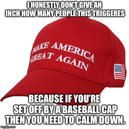 MAGA HAT |  I HONESTLY DON’T GIVE AN INCH HOW MANY PEOPLE THIS TRIGGERES; BECAUSE IF YOU’RE SET OFF BY A BASEBALL CAP THEN YOU NEED TO CALM DOWN. | image tagged in maga hat,america,donald trump | made w/ Imgflip meme maker