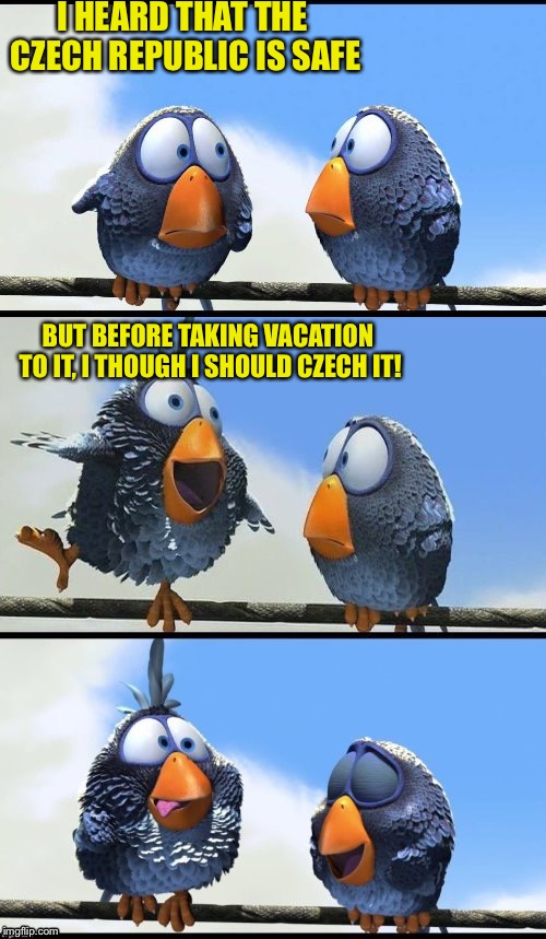 ....Bad Joke... | I HEARD THAT THE CZECH REPUBLIC IS SAFE; BUT BEFORE TAKING VACATION TO IT, I THOUGH I SHOULD CZECH IT! | image tagged in for the birds,jokes,bad jokes,czech,czechia | made w/ Imgflip meme maker