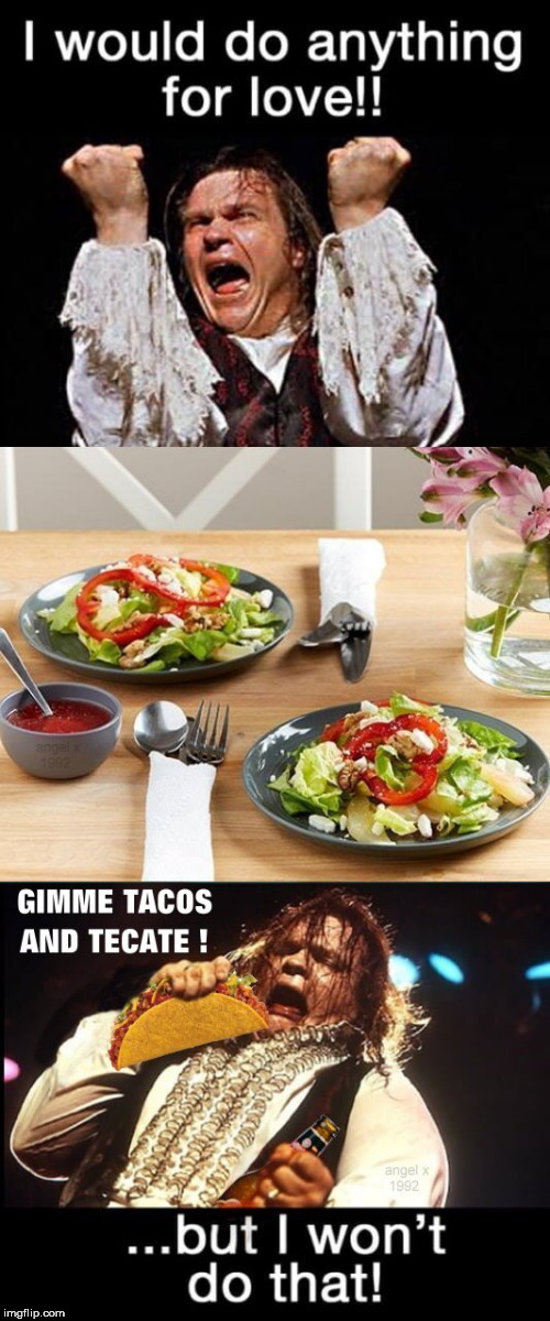 tacos and tecate, not salad | image tagged in taco tuesday,tacos,beer,meatloaf,taco,beers | made w/ Imgflip meme maker