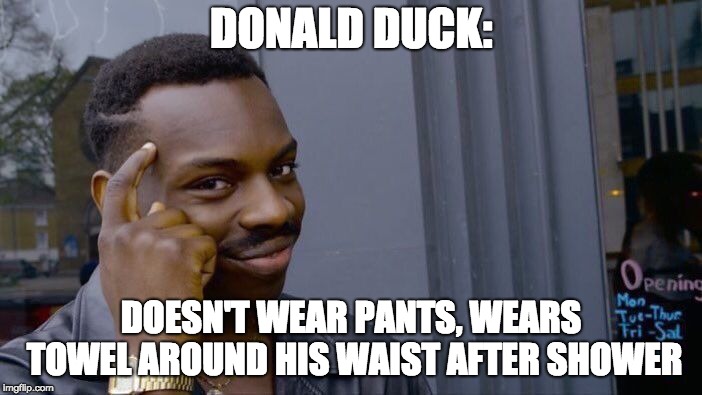 Roll Safe Think About It Meme | DONALD DUCK:; DOESN'T WEAR PANTS, WEARS TOWEL AROUND HIS WAIST AFTER SHOWER | image tagged in memes,roll safe think about it | made w/ Imgflip meme maker