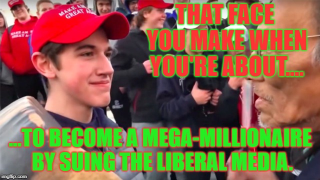 Sandmann | THAT FACE YOU MAKE WHEN YOU'RE ABOUT.... ...TO BECOME A MEGA-MILLIONAIRE BY SUING THE LIBERAL MEDIA. | image tagged in sandmann,maga,phillips,liberal bias,liberal media,liberal hate | made w/ Imgflip meme maker
