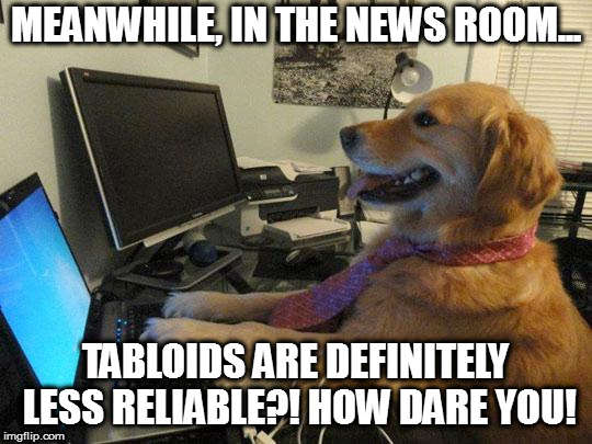 i have no idea | MEANWHILE, IN THE NEWS ROOM... TABLOIDS ARE DEFINITELY LESS RELIABLE?! HOW DARE YOU! | image tagged in i have no idea | made w/ Imgflip meme maker
