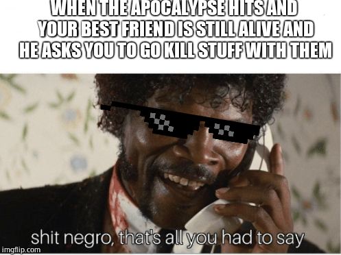shit n**** | WHEN THE APOCALYPSE HITS AND YOUR BEST FRIEND IS STILL ALIVE AND HE ASKS YOU TO GO KILL STUFF WITH THEM | image tagged in shit n | made w/ Imgflip meme maker