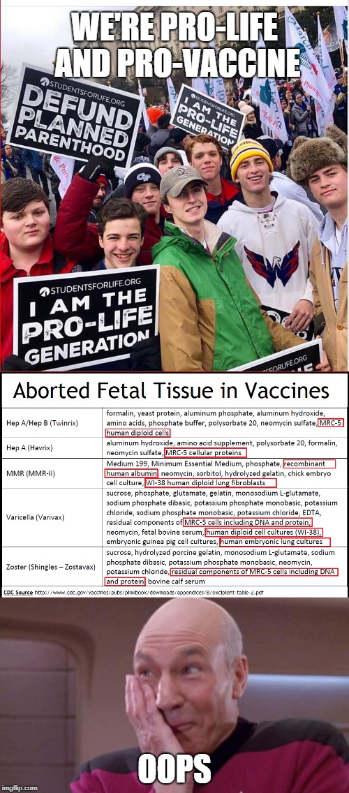 You can't be pro-life and pro-vaccine | WE'RE PRO-LIFE AND PRO-VACCINE; OOPS | image tagged in picard oops,pro life boys,vaccines,abortion,fetus | made w/ Imgflip meme maker