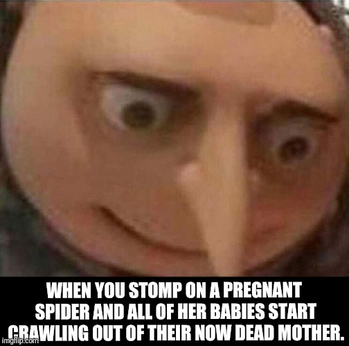 Found this meme here and decided to edit it a bit. :) | WHEN YOU STOMP ON A PREGNANT SPIDER AND ALL OF HER BABIES START CRAWLING OUT OF THEIR NOW DEAD MOTHER. | image tagged in gru meme,spiders | made w/ Imgflip meme maker
