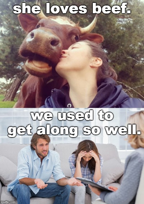 find a lady that loves beef even if you wear a costume, but problems soon show up. | she loves beef. we used to get along so well. | image tagged in couples therapy,bovine love,women vs men,memes | made w/ Imgflip meme maker