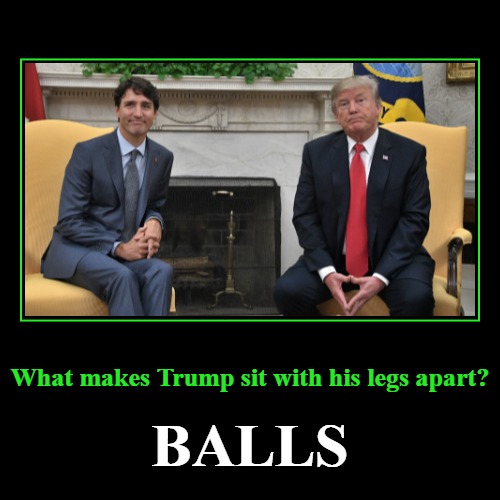 What makes Trump sit with his legs apart? | image tagged in funny,demotivationals,balls,bollocks,alpha male vs soyboi | made w/ Imgflip demotivational maker