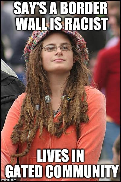 Liberal College Girl | SAY'S A BORDER WALL IS RACIST; LIVES IN GATED COMMUNITY | image tagged in liberal college girl | made w/ Imgflip meme maker