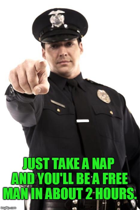Police | JUST TAKE A NAP AND YOU'LL BE A FREE MAN IN ABOUT 2 HOURS. | image tagged in police | made w/ Imgflip meme maker