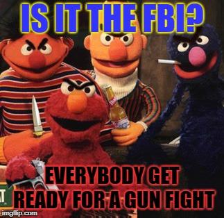 Xd sesame street just had to do it if u liked this meem plz share and comment | IS IT THE FBI? EVERYBODY GET READY FOR A GUN FIGHT | image tagged in tv | made w/ Imgflip meme maker