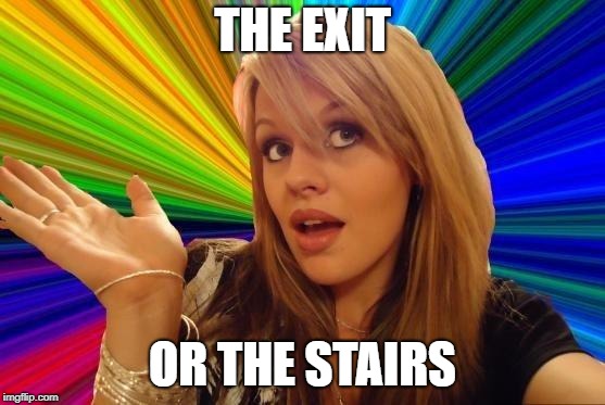 Dumb Blonde Meme | THE EXIT OR THE STAIRS | image tagged in memes,dumb blonde | made w/ Imgflip meme maker