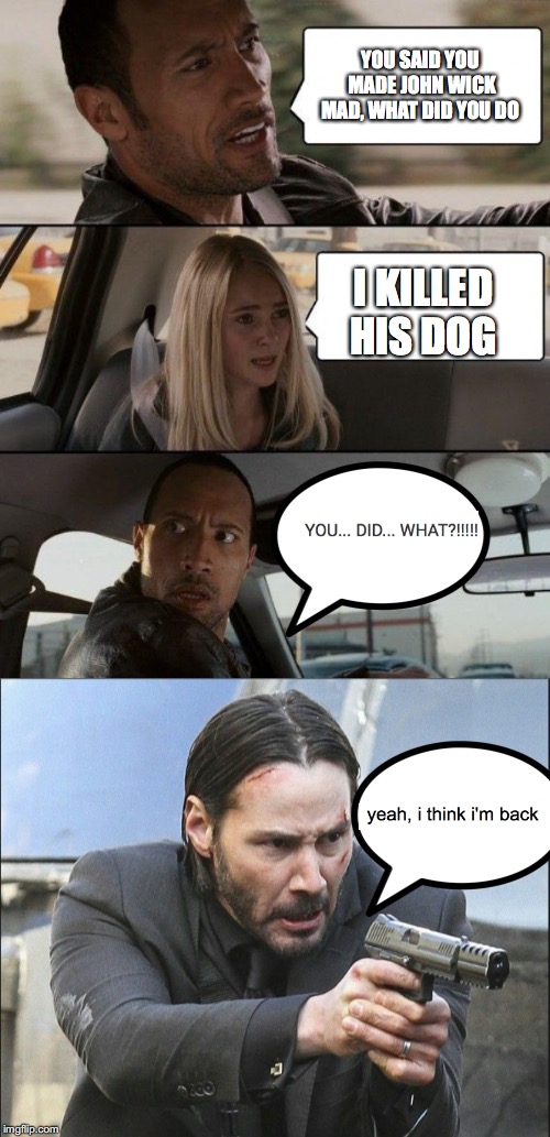 YOU.... DID... WHAT?!!!!! | YOU SAID YOU MADE JOHN WICK MAD, WHAT DID YOU DO; I KILLED HIS DOG | image tagged in memes,the rock driving,funny | made w/ Imgflip meme maker