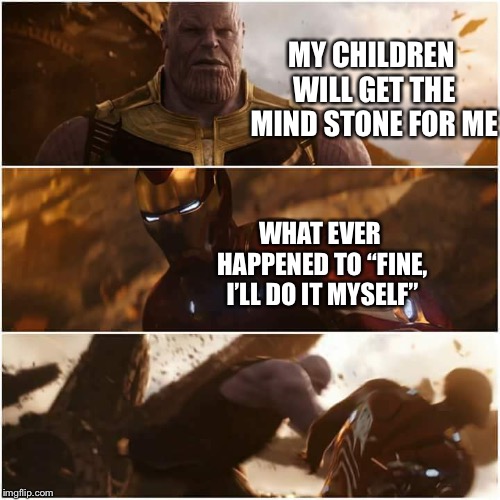 avengers infinity war | MY CHILDREN WILL GET THE MIND STONE FOR ME; WHAT EVER HAPPENED TO “FINE, I’LL DO IT MYSELF” | image tagged in avengers infinity war | made w/ Imgflip meme maker