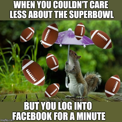 Oh there's a game today?  | WHEN YOU COULDN'T CARE LESS ABOUT THE SUPERBOWL; BUT YOU LOG INTO FACEBOOK FOR A MINUTE | image tagged in superbowl,football,facebook | made w/ Imgflip meme maker