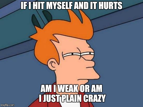 Weak or Crazy | IF I HIT MYSELF AND IT HURTS; AM I WEAK OR AM I JUST PLAIN CRAZY | image tagged in memes,futurama fry | made w/ Imgflip meme maker
