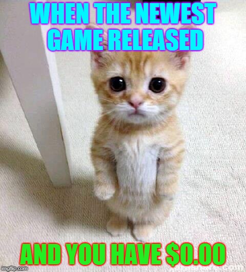 Cute Cat | WHEN THE NEWEST GAME RELEASED; AND YOU HAVE $0.00 | image tagged in memes,cute cat | made w/ Imgflip meme maker