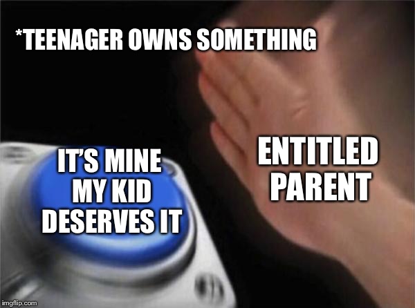 Blank Nut Button | *TEENAGER OWNS SOMETHING; ENTITLED PARENT; IT’S MINE MY KID DESERVES IT | image tagged in memes,blank nut button | made w/ Imgflip meme maker