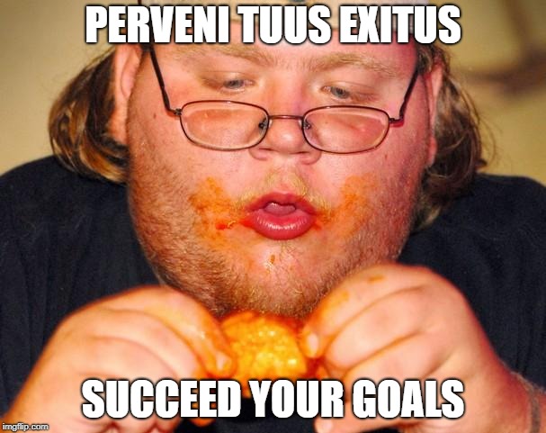 fat guy eating wings | PERVENI TUUS EXITUS; SUCCEED YOUR GOALS | image tagged in fat guy eating wings | made w/ Imgflip meme maker