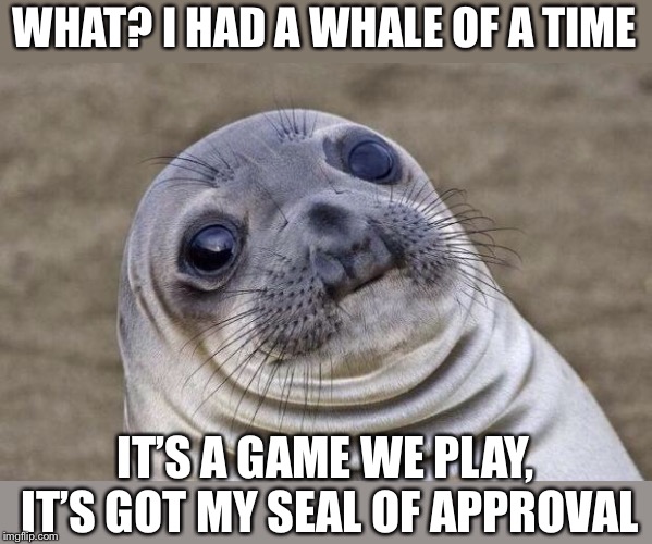 Awkward Seal | WHAT? I HAD A WHALE OF A TIME IT’S A GAME WE PLAY, IT’S GOT MY SEAL OF APPROVAL | image tagged in awkward seal | made w/ Imgflip meme maker