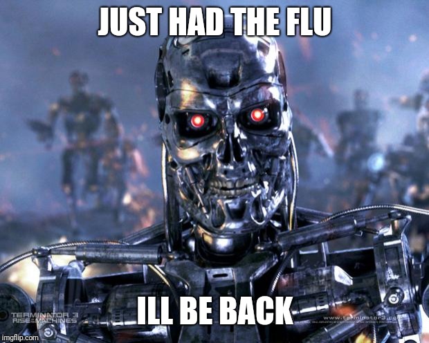 Terminator Robot T-800 | JUST HAD THE FLU ILL BE BACK | image tagged in terminator robot t-800 | made w/ Imgflip meme maker