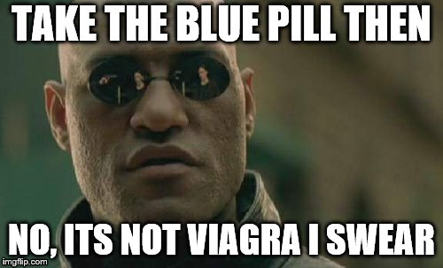 Wake up, of sorts | TAKE THE BLUE PILL THEN; NO, ITS NOT VIAGRA I SWEAR | image tagged in memes,matrix morpheus,red pill blue pill | made w/ Imgflip meme maker