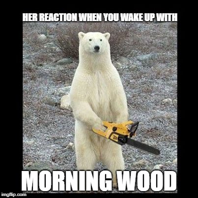 Chainsaw Bear Meme | HER REACTION WHEN YOU WAKE UP WITH; MORNING WOOD | image tagged in memes,chainsaw bear | made w/ Imgflip meme maker