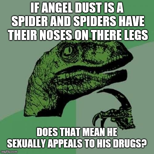 How does Angel snort Crack with his legs? | IF ANGEL DUST IS A SPIDER AND SPIDERS HAVE THEIR NOSES ON THERE LEGS; DOES THAT MEAN HE SEXUALLY APPEALS TO HIS DRUGS? | image tagged in memes,philosoraptor | made w/ Imgflip meme maker