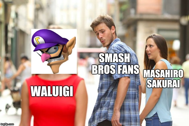 Distracted Boyfriend | SMASH BROS FANS; MASAHIRO SAKURAI; WALUIGI | image tagged in memes,distracted boyfriend | made w/ Imgflip meme maker