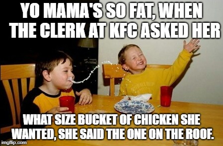 Yo Mamas So Fat Meme | YO MAMA'S SO FAT, WHEN  THE CLERK AT KFC ASKED HER; WHAT SIZE BUCKET OF CHICKEN SHE WANTED, SHE SAID THE ONE ON THE ROOF. | image tagged in memes,yo mamas so fat | made w/ Imgflip meme maker