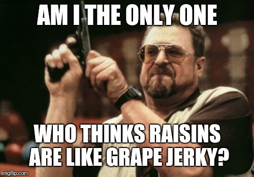 Am I The Only One Around Here Meme | AM I THE ONLY ONE; WHO THINKS RAISINS ARE LIKE GRAPE JERKY? | image tagged in memes,am i the only one around here | made w/ Imgflip meme maker