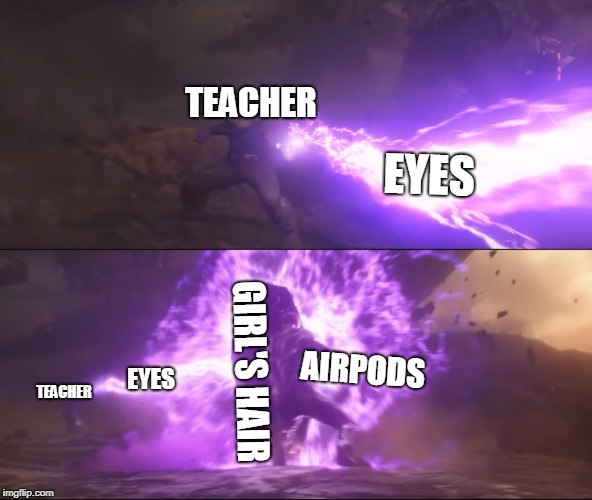 When you got airpods while you're answering a test and the teacher looks at you. | TEACHER; EYES; GIRL'S HAIR; AIRPODS; EYES; TEACHER | image tagged in airpods | made w/ Imgflip meme maker