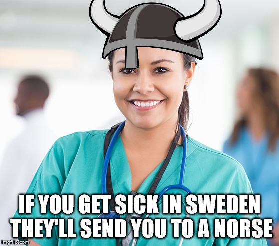 Norse Joke! | IF YOU GET SICK IN SWEDEN THEY'LL SEND YOU TO A NORSE | image tagged in memes,funny memes,puns,bad puns,nurse,medical | made w/ Imgflip meme maker