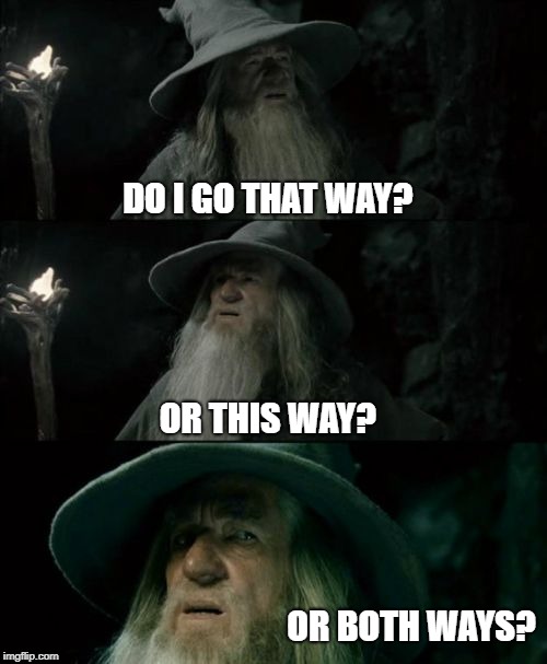 Gandalf Goes Which Way?  | DO I GO THAT WAY? OR THIS WAY? OR BOTH WAYS? | image tagged in memes,confused gandalf | made w/ Imgflip meme maker