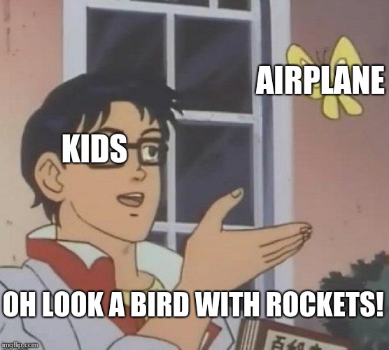 Is This A Pigeon Meme | AIRPLANE; KIDS; OH LOOK A BIRD WITH ROCKETS! | image tagged in memes,is this a pigeon | made w/ Imgflip meme maker