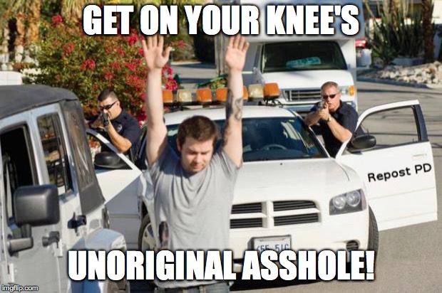 Repost Police | GET ON YOUR KNEE'S UNORIGINAL ASSHOLE! | image tagged in repost police | made w/ Imgflip meme maker