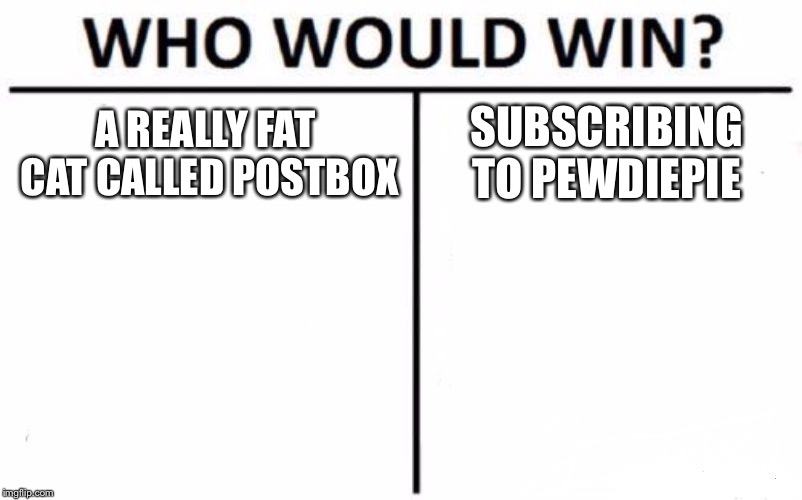 Who Would Win? | A REALLY FAT CAT CALLED POSTBOX; SUBSCRIBING TO PEWDIEPIE | image tagged in memes,who would win | made w/ Imgflip meme maker