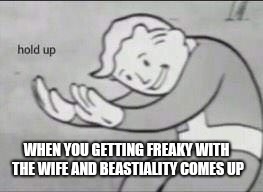 Fallout Hold Up | WHEN YOU GETTING FREAKY WITH THE WIFE AND BEASTIALITY COMES UP | image tagged in fallout hold up | made w/ Imgflip meme maker