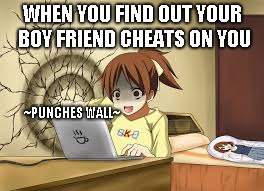 Anime girl punches the wall | WHEN YOU FIND OUT YOUR BOY FRIEND CHEATS ON YOU; ~PUNCHES WALL~ | image tagged in anime girl punches the wall | made w/ Imgflip meme maker