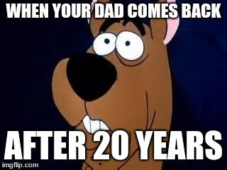 Scooby Doo Surprised | WHEN YOUR DAD COMES BACK; AFTER 20 YEARS | image tagged in scooby doo surprised | made w/ Imgflip meme maker