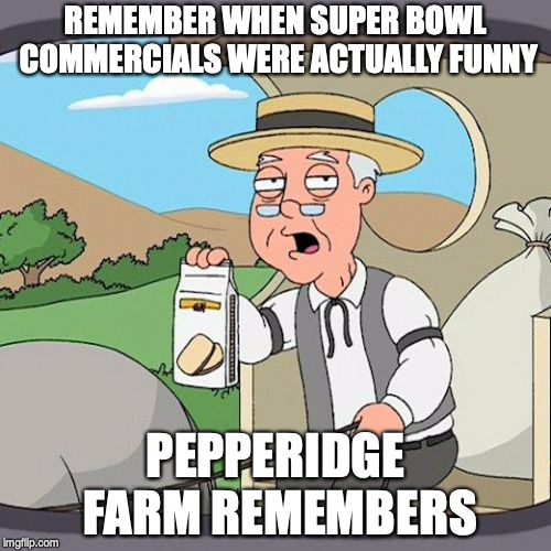 Pepperidge Farm Remembers | REMEMBER WHEN SUPER BOWL COMMERCIALS WERE ACTUALLY FUNNY; PEPPERIDGE FARM REMEMBERS | image tagged in memes,pepperidge farm remembers,AdviceAnimals | made w/ Imgflip meme maker