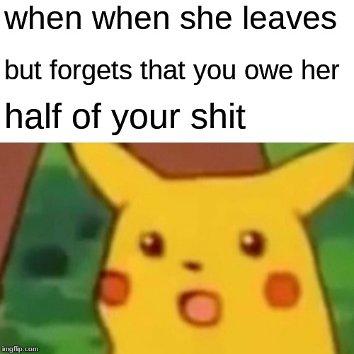 Surprised Pikachu | when when she leaves; but forgets that you owe her; half of your shit | image tagged in memes,surprised pikachu | made w/ Imgflip meme maker